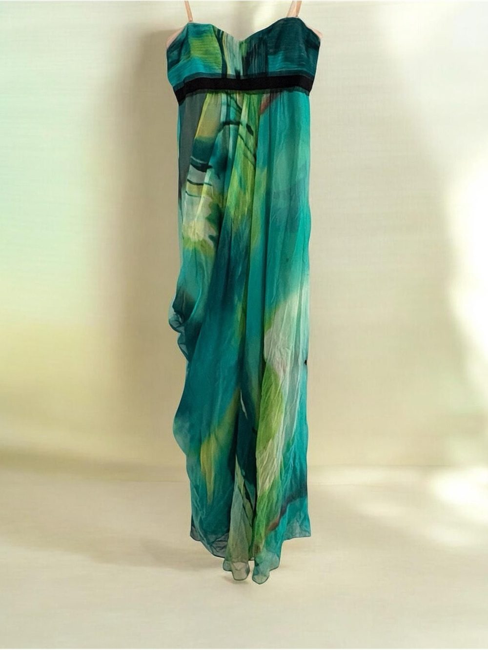 🦋BCBGMAXAZRIA 100% Silk Chiffon Strapless Watercolour Maxi Dress | Size 4 | Y2K